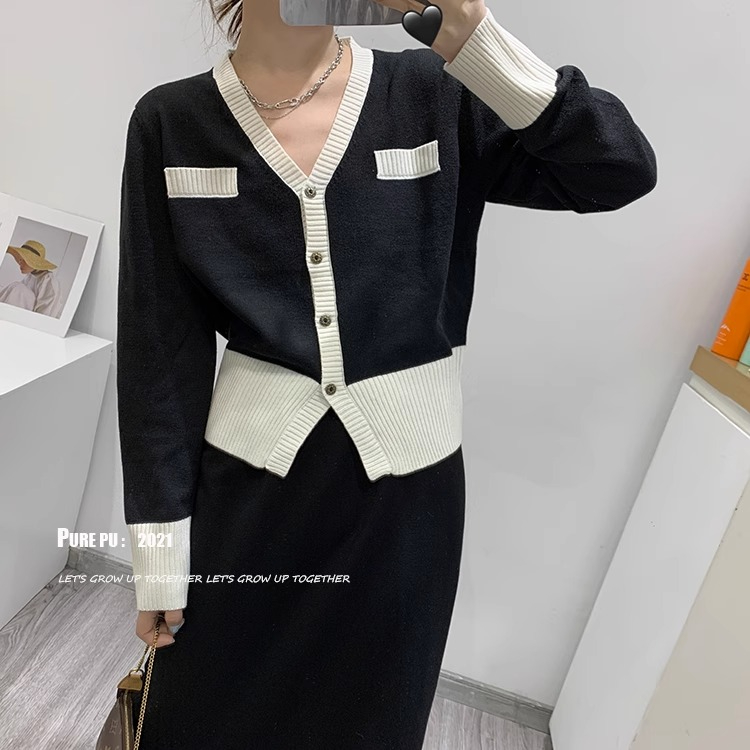 2024 spring new style small fragrance V-neck sweater for women French color matching cardigan design sweater jacket