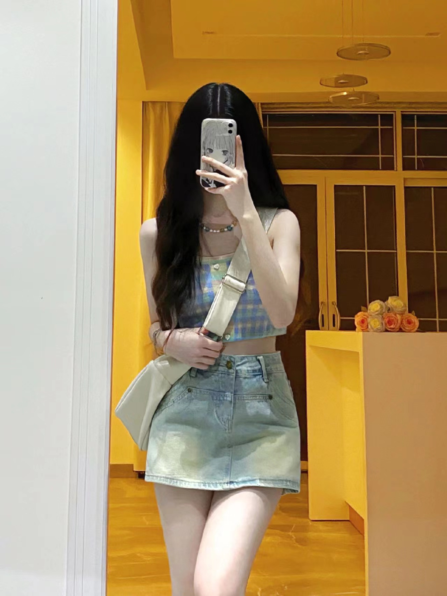 甜辣風短款純欲格紋吊帶牛仔裙兩件套裝女夏季網紅小個子鹽系穿搭