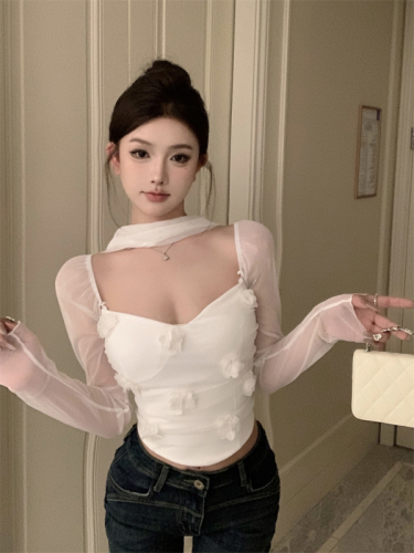 Real shot of three-dimensional flower top for women with removable mesh sleeves tube top