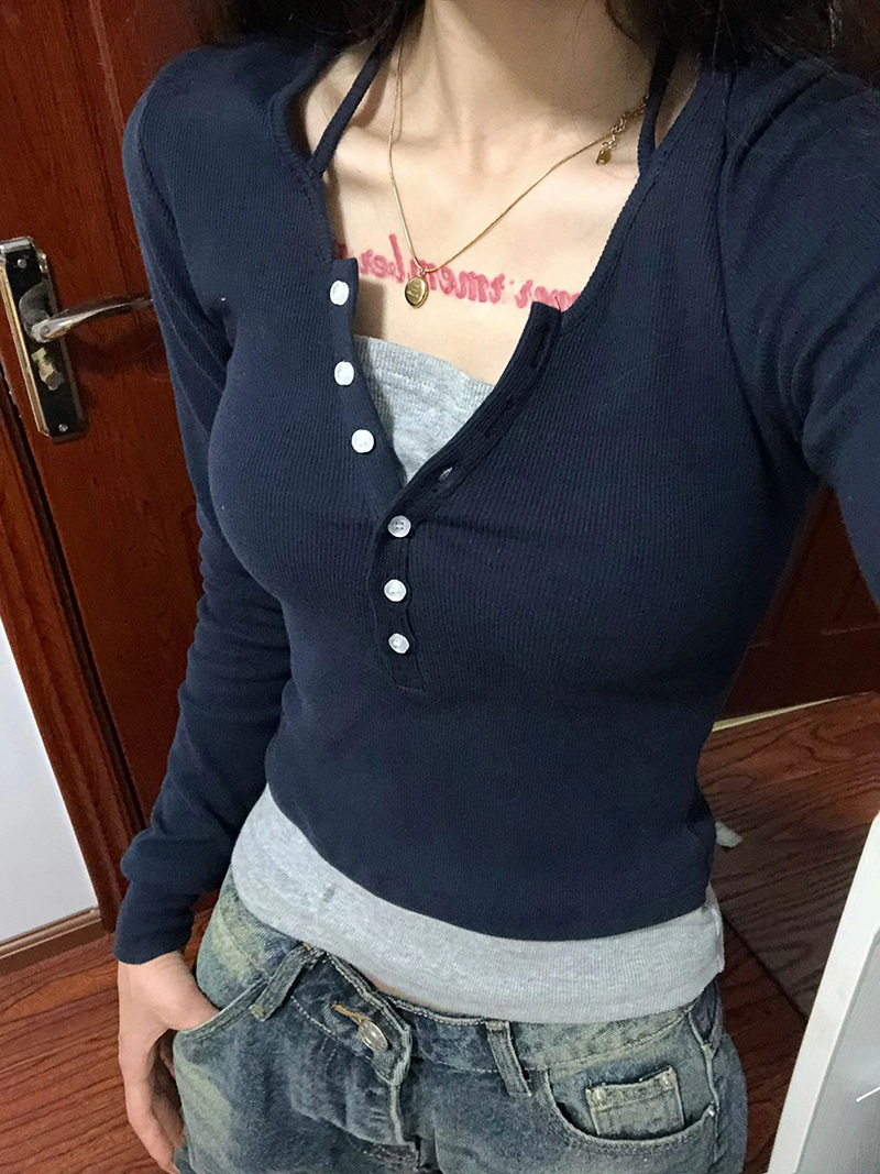 Positive shoulder fake two-piece long-sleeved T-shirt for women with spring design niche chic sweet hot girl slimming and chic top