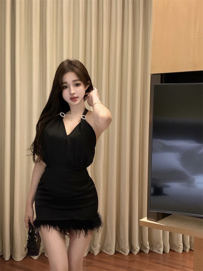 Real shot of Scarlett's double-sided satin ostrich feather black backless halterneck sleeveless dress