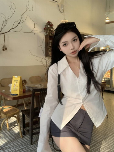 Real shot~ Early spring new white polo collar slimming simple niche long-sleeved shirt~