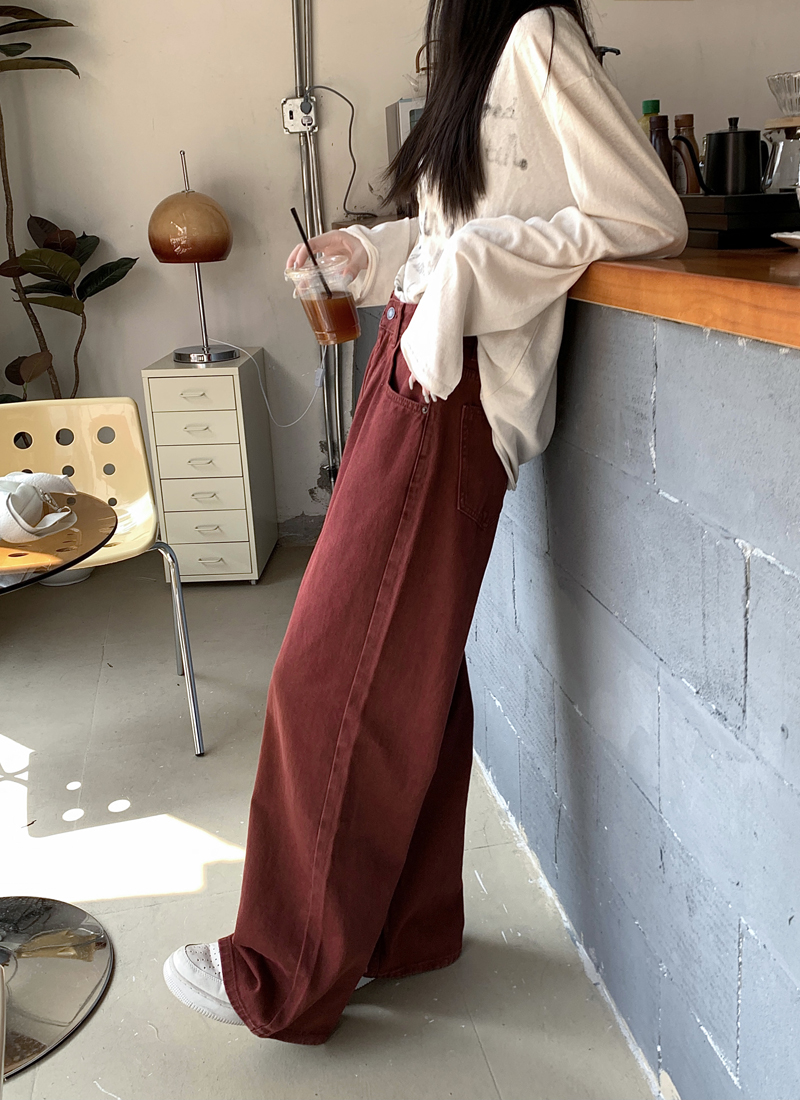 Real shot 2024 spring brick red Maillard retro jeans women's casual loose high-waisted trousers
