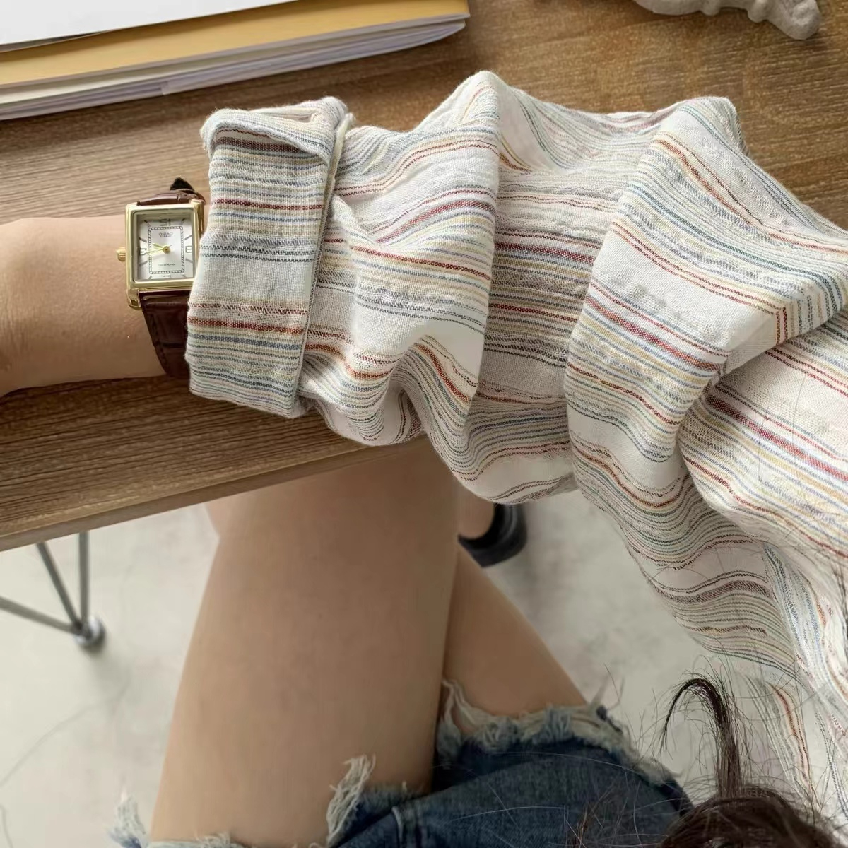 Retro pinstripe shirt women's spring design niche top cotton and linen loose Korean style long-sleeved shirt