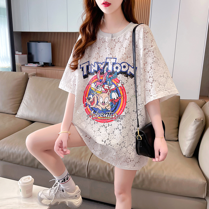 | 實拍 | 100%純棉 | 後包領 | 韓版中長款蕾絲花邊短袖T恤女