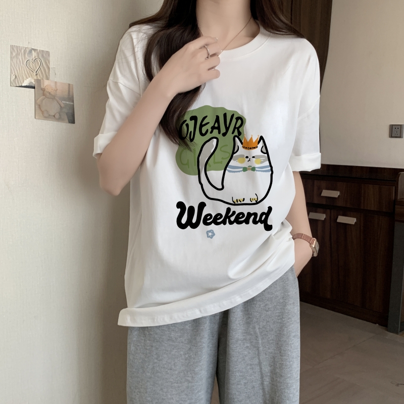 實拍 100%棉精梳純棉 印花夏裝短袖T恤女寬鬆韓版
