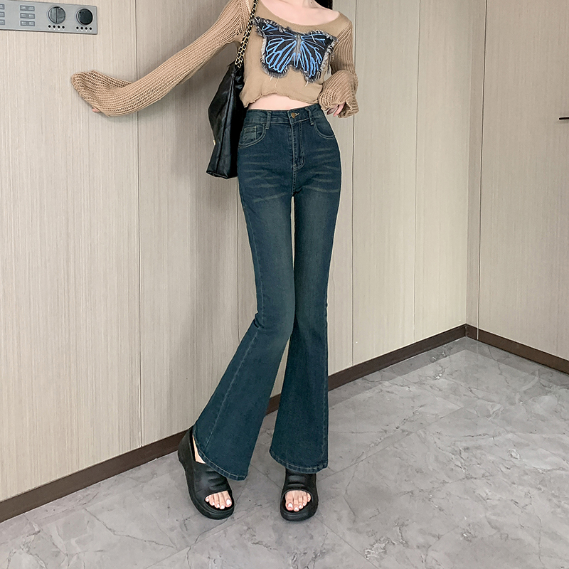實拍~水泥灰高腰微喇叭牛仔褲女2024新款春季修身馬蹄拖地褲