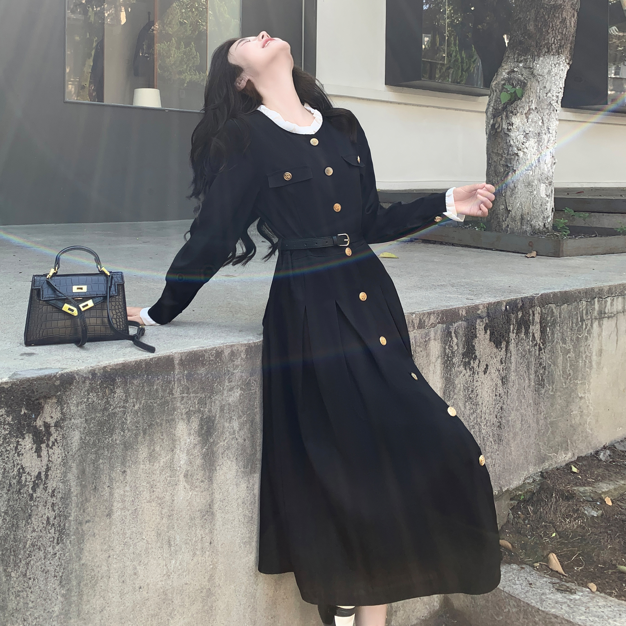7418 real shot ~ plus size fat women's Hepburn style black long-sleeved dress autumn women's waist slimming little black dress
