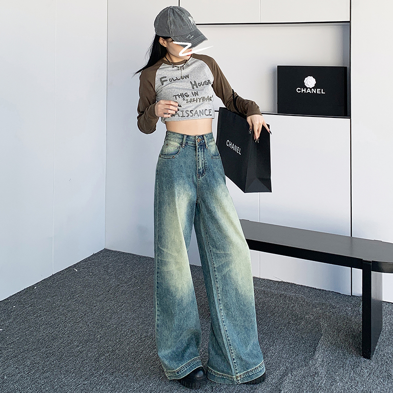 Real shot of retro wide-leg jeans 2024 spring new style drapey high-waisted loose slimming straight floor-length trousers