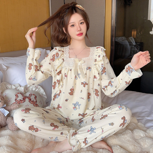 2024 new wrinkled fabric pajamas for women, sweet princess style long-sleeved trousers plus fat size 220 pounds, can be worn at home