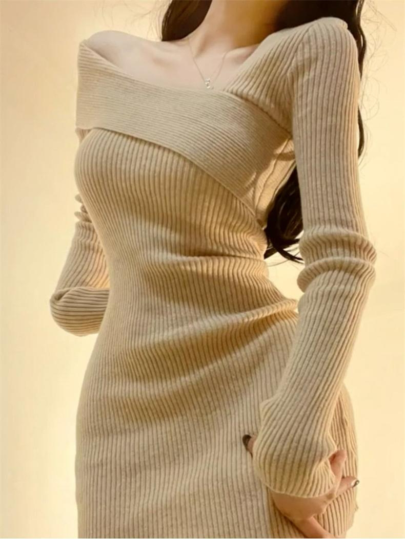 純欲包臀裙春秋女內搭斜肩針織毛衣修身收腰短款長袖連衣裙