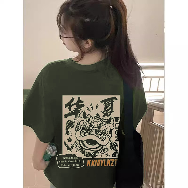 國潮醒獅印花綠色短袖T恤女春夏純棉寬鬆慵懶中長款設計感打底衫