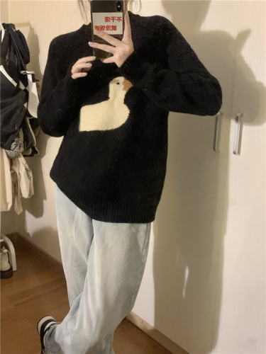 Real shot!  College style simple cute cartoon duck pullover sweater for women