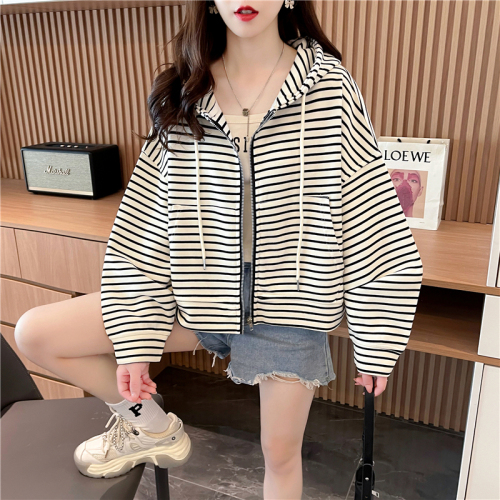 Actual shot-2024 Spring Decorative Fashion Loose Striped Thin Hooded Sweatshirt for Women