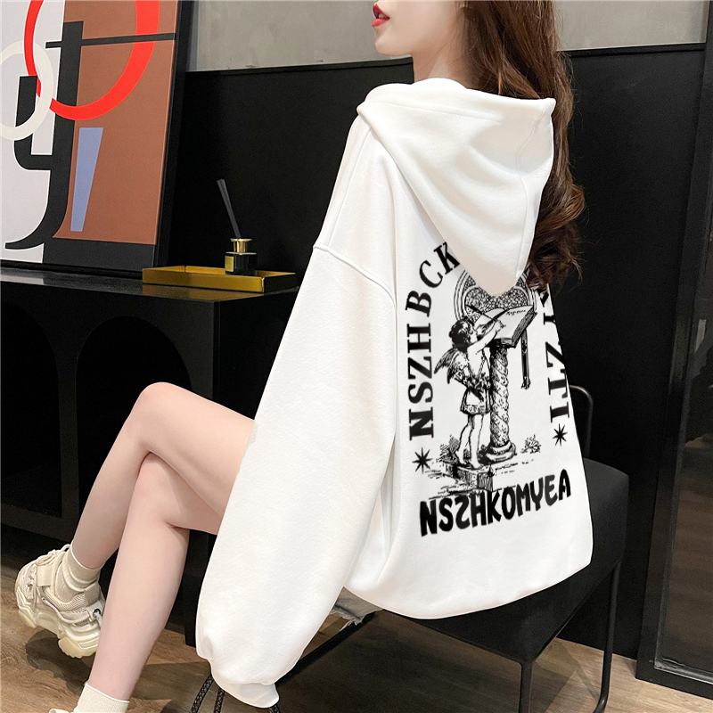 純棉華棉330克 包領薄款衛衣女春秋新款韓版寬鬆印花連帽衛衣潮