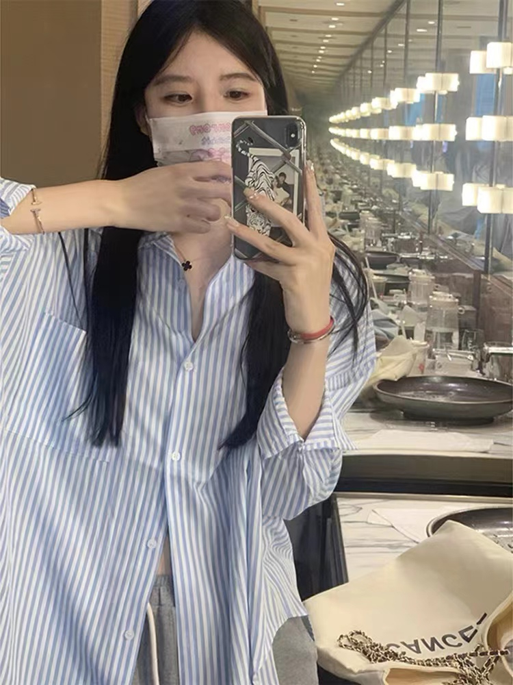 Early spring pink striped shirt jacket women's spring and autumn 2024 new shirt loose long-sleeved top