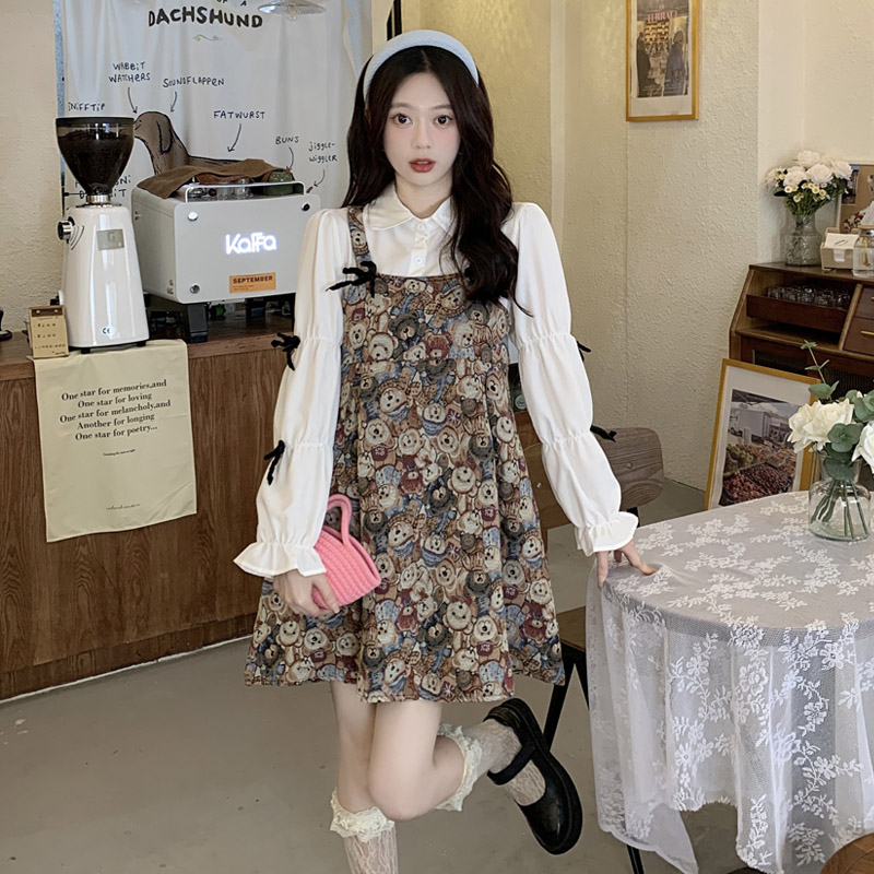 Real shot of sweet bow long-sleeved shirt women's fashion dress fake two-piece bear suspender skirt