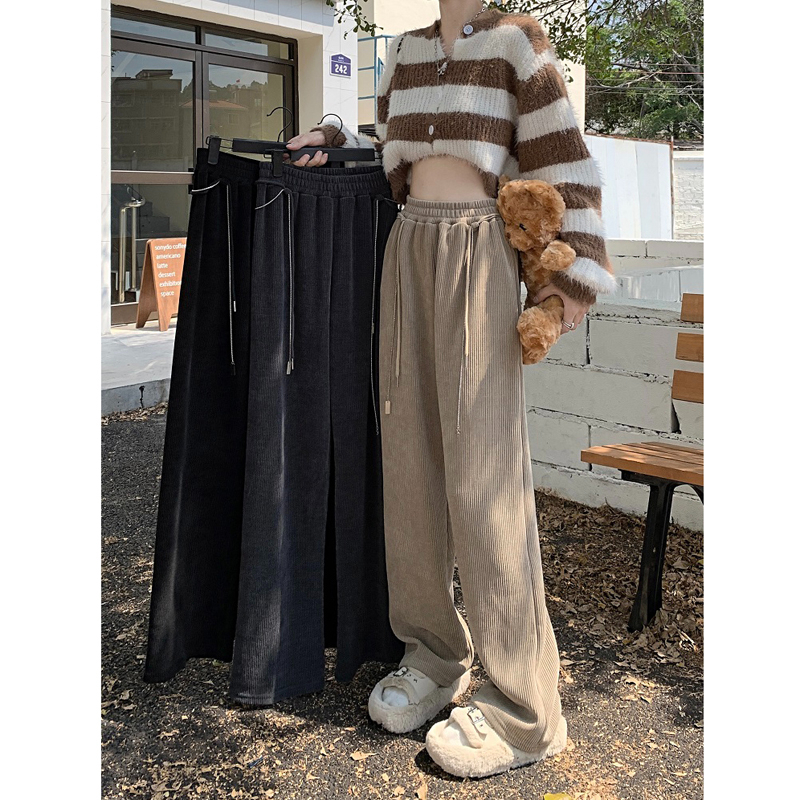 原做工闊腿褲高腰女春秋顯瘦設計感鏈條腰繩垂感直筒休閒長褲