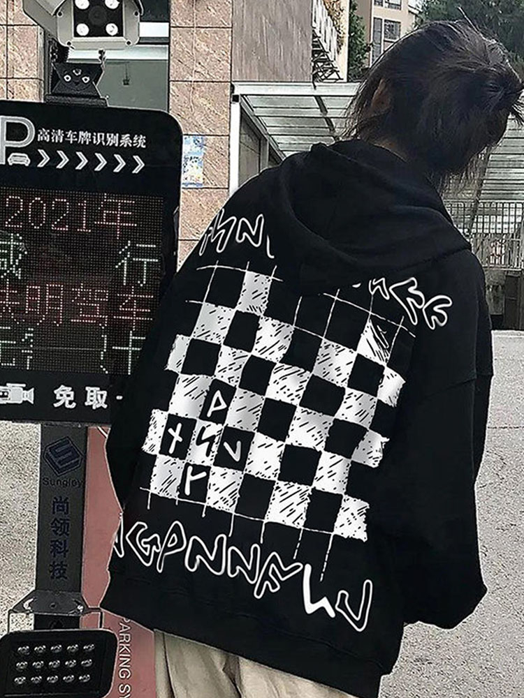 Autumn and winter couple hooded sweatshirts trendy checkerboard design loose hoodies for men and women plus fleece tops