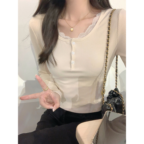 Real shot of French lace long-sleeved T-shirt for women in spring half-open collar sweet slim collarbone short top