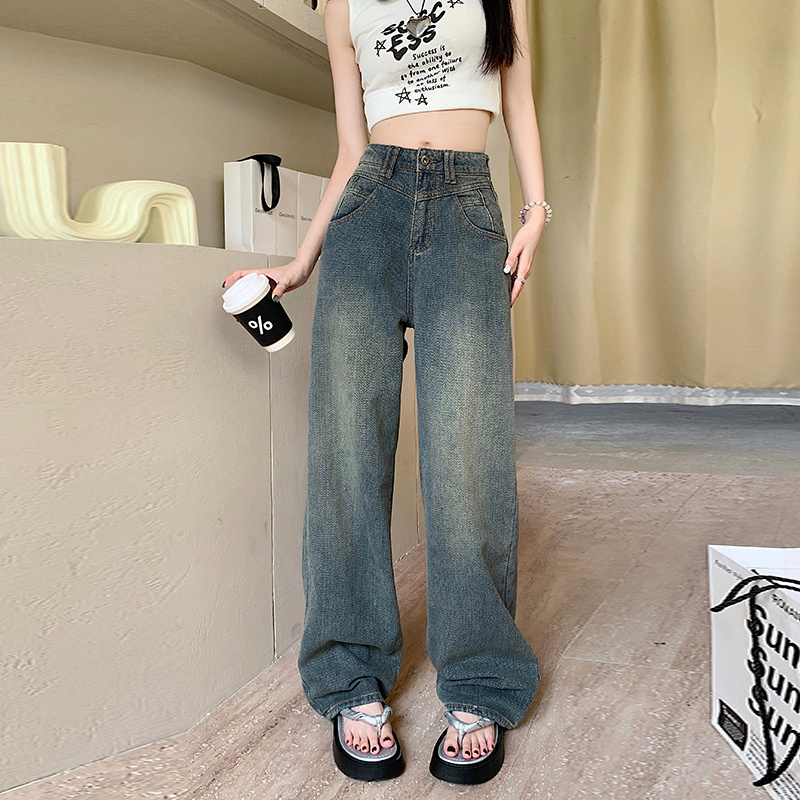 美式高街星空紋闊腿牛仔褲女2024春秋新款復古高腰顯瘦直筒褲子