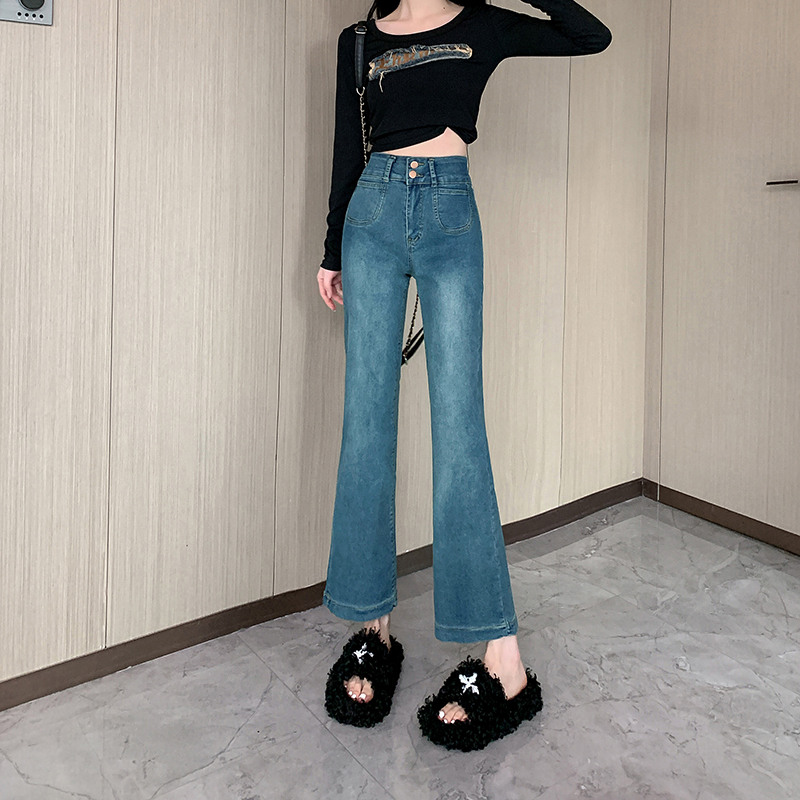 Real shots ~ blue washed straight pants, jeans, women's early spring high-waisted cigarette pants, casual pants, nine-point pants