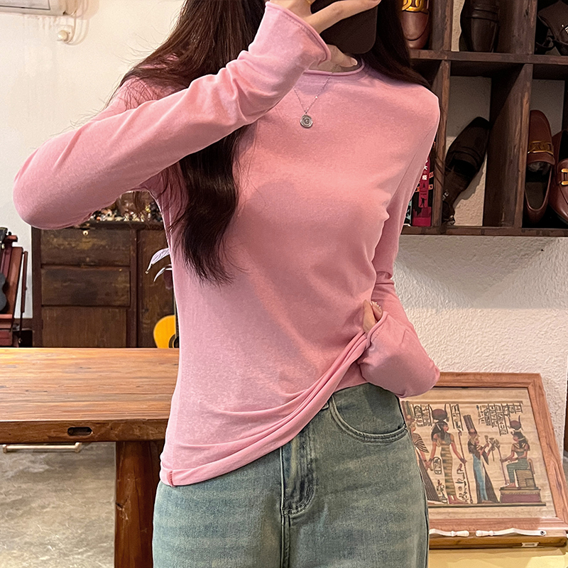 Actual shot of 2024 spring and autumn basic round neck bottoming snowflake cotton and linen slim slimming soft waxy inner top for women