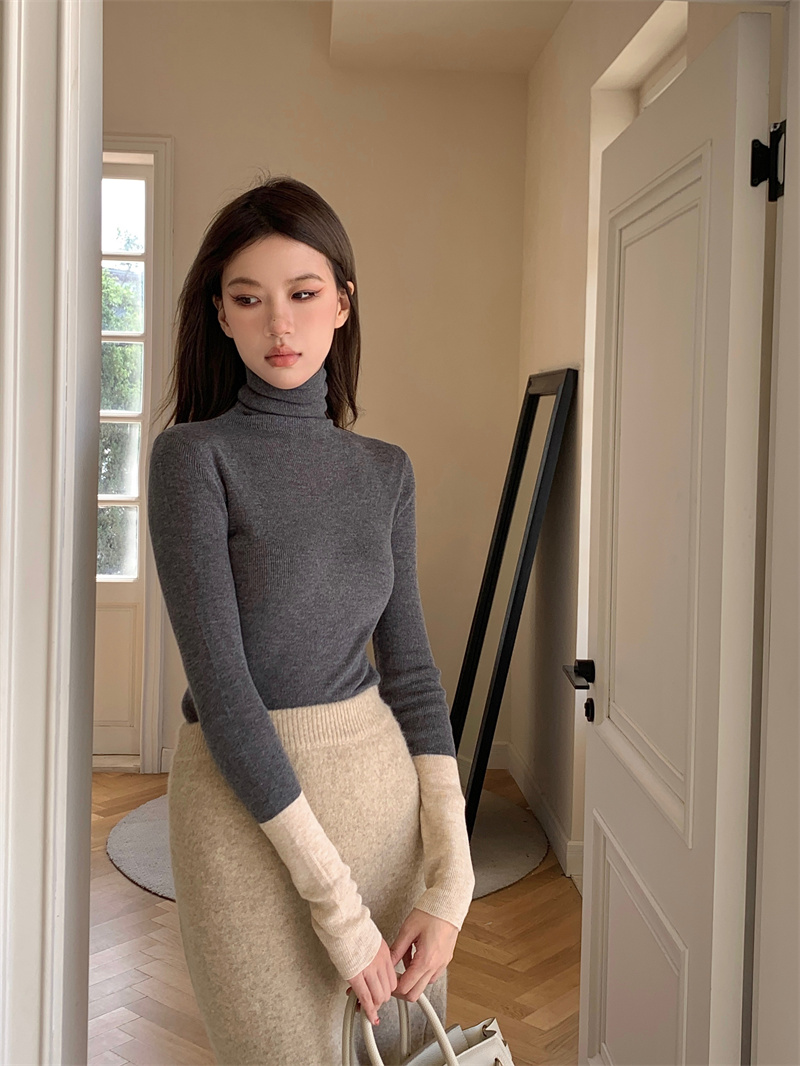 Actual shot of Korean style Hong Kong style versatile cuff color-blocking knitted top for outer wear
