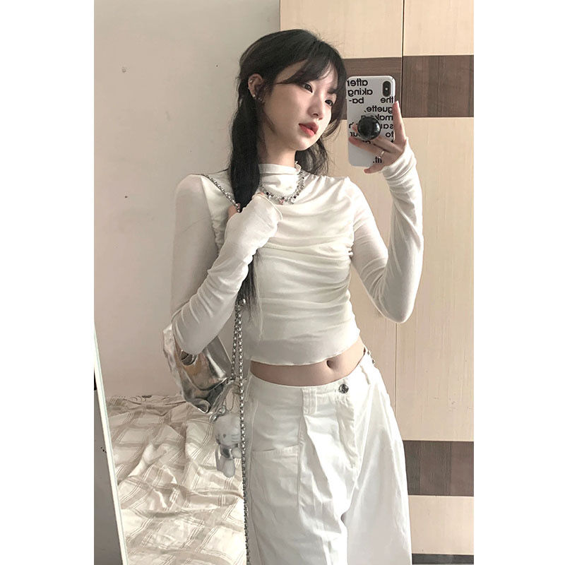 Rayon rib 92 rayon 8 spandex long-sleeved T-shirt women's slim sweet and spicy style slimming Hong Kong style top