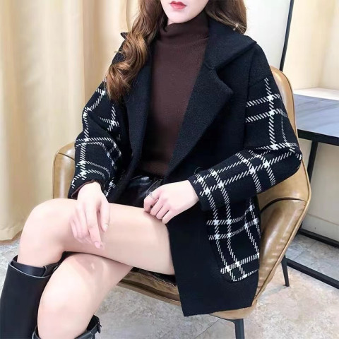 Plaid Woolen Suit Collar Jacket Women's Winter Short Style Small Person Spring and Autumn New Style Thick Woolen Coat Fashionable