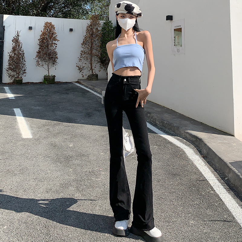 實拍2024早春高腰微喇叭牛仔褲女美式毛邊修身顯瘦