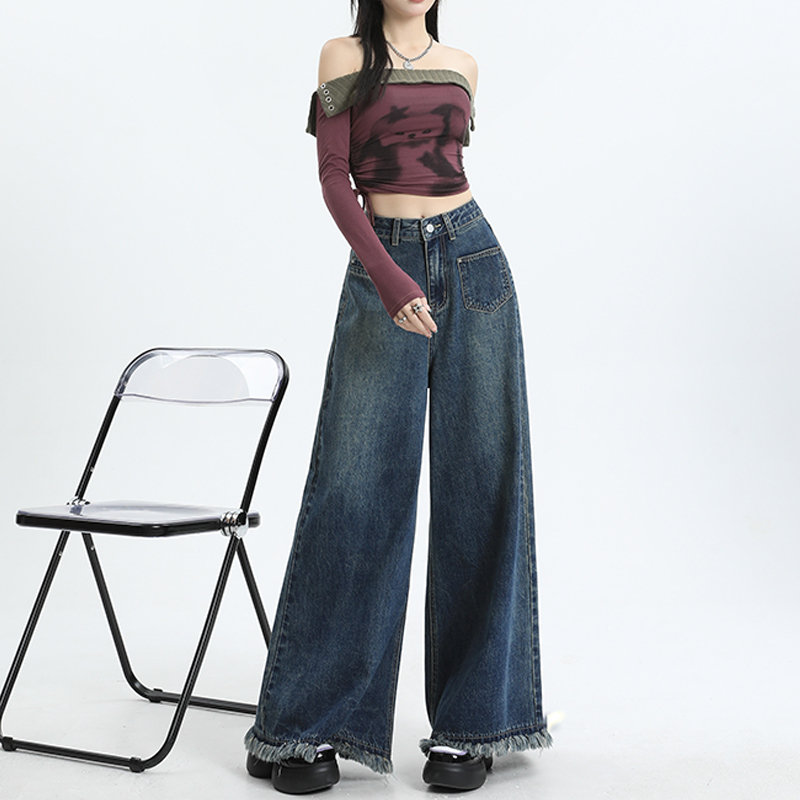 實拍2024早春美式流蘇毛邊大闊腿牛仔褲女高腰拖地直筒長褲