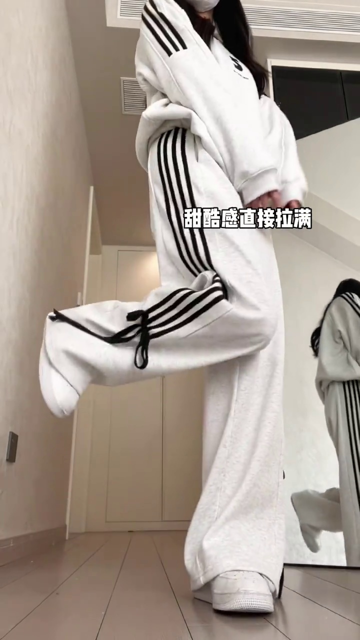 純棉華棉秋冬加絨加厚絲帶蝴蝶結直筒褲運動闊腿褲女