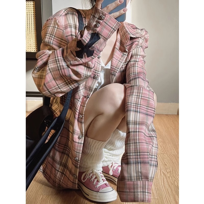 刺繡原版布料質量秋冬設計感小眾格子襯衫外套女