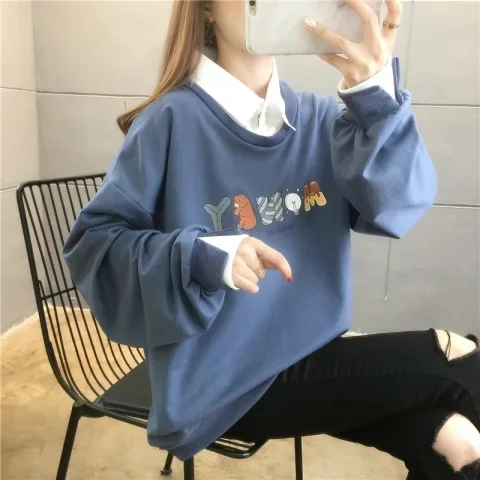首發實拍6535魚鱗 假兩件polo襯衫領薄款衛衣女班服閨蜜裝