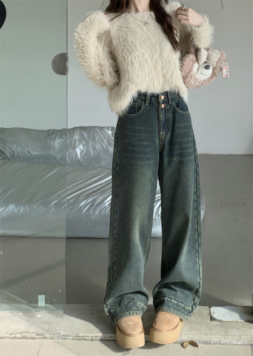 Actual shot of velvet thickened high-waisted loose slimming straight-leg wide-leg long jeans for women