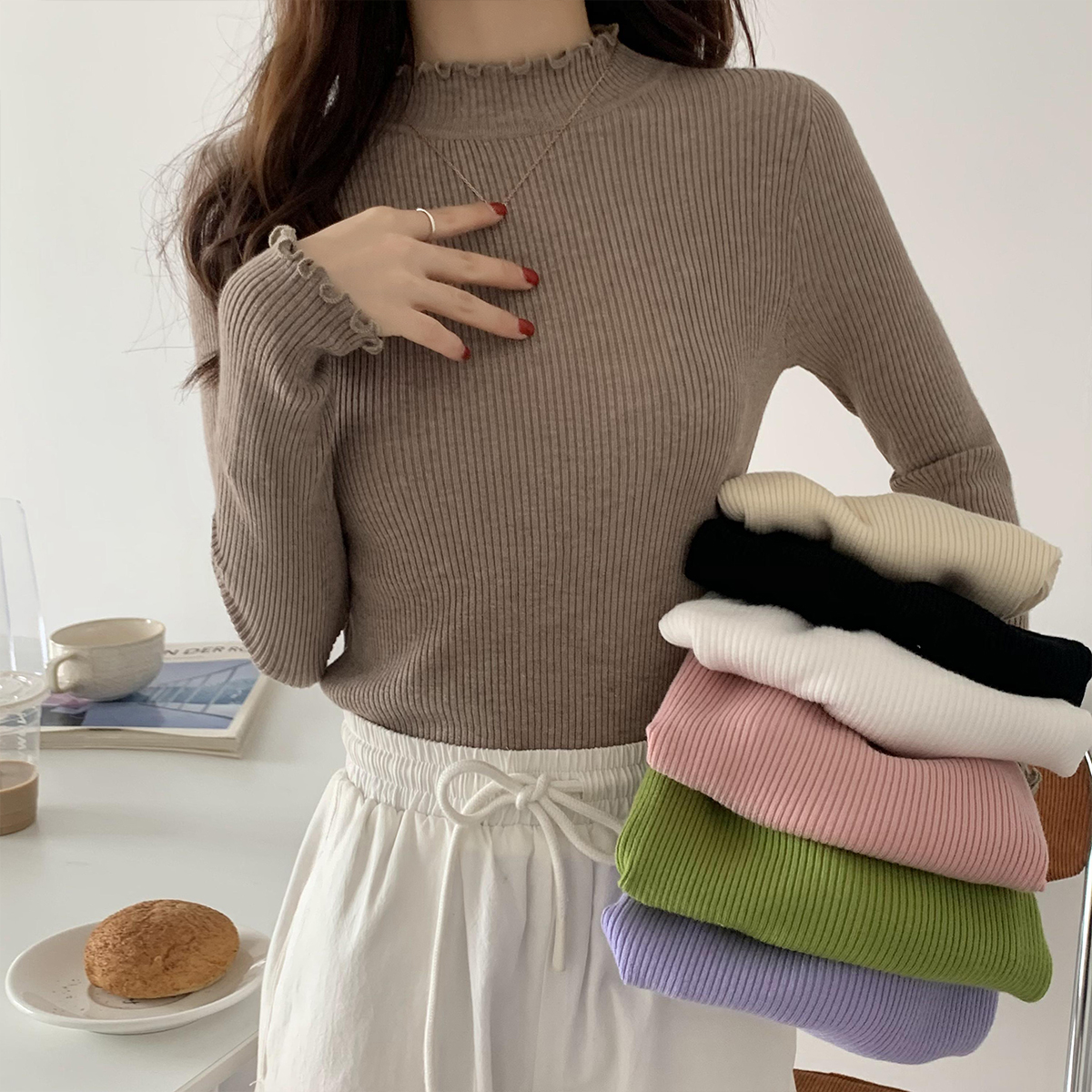 Real shot of autumn and winter half-turtleneck sweater for women, slim-fitting, ear-hemmed woolen sweater, stretch large size knitted bottoming shirt