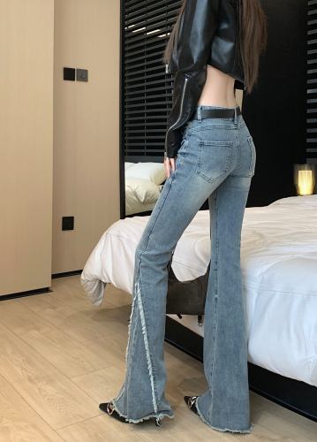 Actual shot of new style raw edge slightly flared wide leg jeans