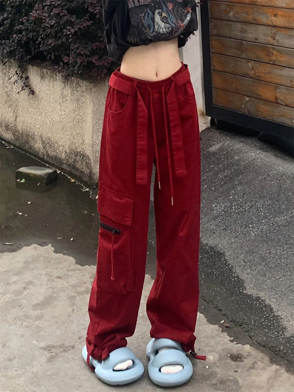 紅色直筒工裝褲女夏季大碼新款胖mm高腰寬鬆顯瘦休閒拖地闊腿褲潮