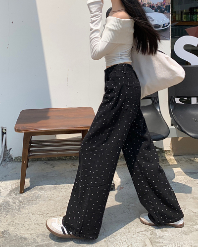 Real shot of pants for women in spring, versatile loose slimming trousers, retro black polka-dot high-waisted straight jeans