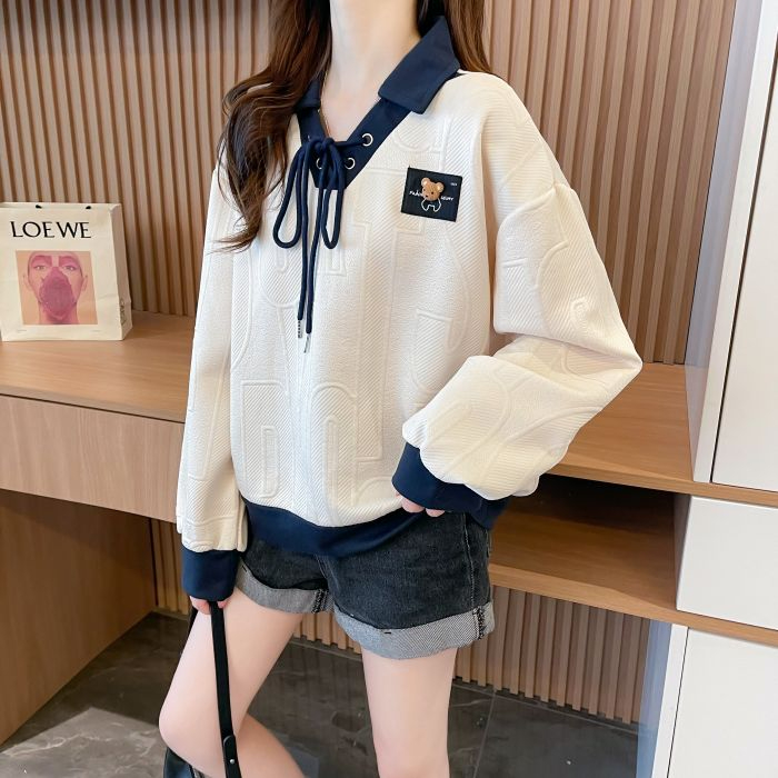 實拍-2024春裝仿棉提花百搭V領綁帶薄款衛衣女
