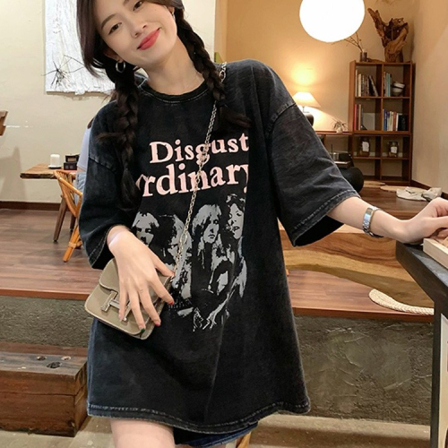 Harajuku style washed old texture American retro band black cotton short-sleeved t-shirt women's ins trendy top