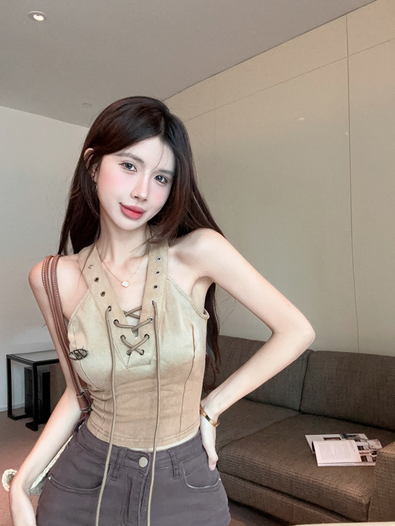 Real shot of hot girl strapped slim halter neck camisole sexy backless top for women