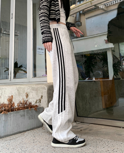 Real shot Chinese cotton composite American striped new loose straight sports pants casual trousers