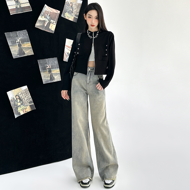 Real shot of retro hottie distressed wasteland style 2024 spring jeans high waist loose versatile wide leg floor mopping pants