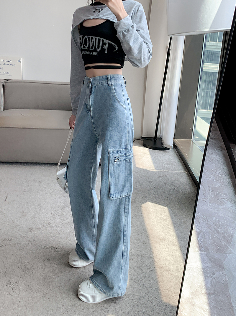 實拍~2024復古美式淺色牛仔工裝褲女秋季寬鬆直筒長褲辣妹闊腿褲