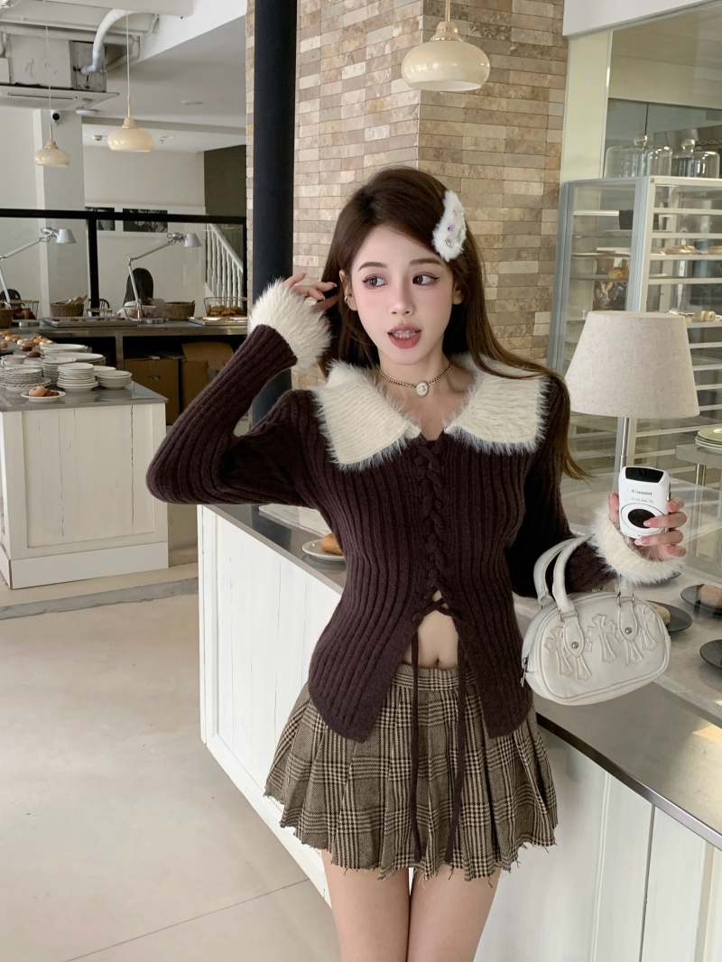Actual shot of pure desire fur lace-up lapel mink fur patchwork knitted sweater