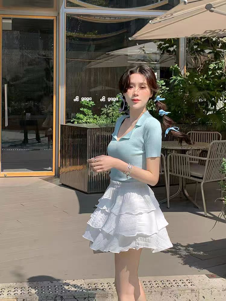 polo collar pink knitted short-sleeved T-shirt women's summer slimming design niche short top
