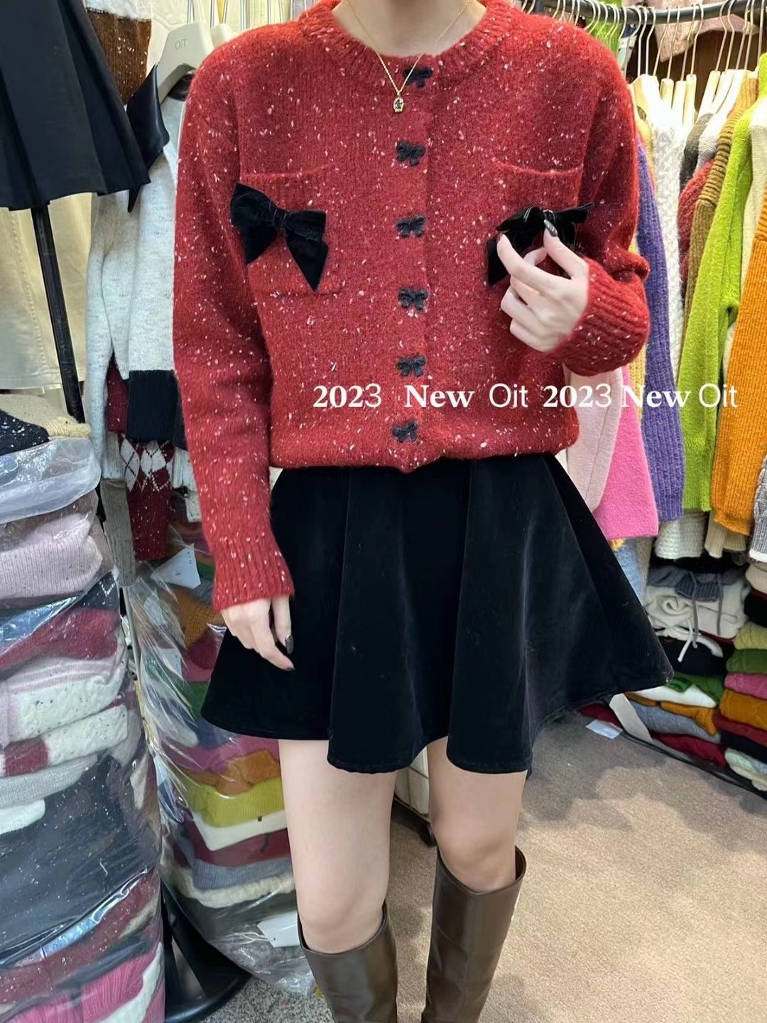 New Year Red Sweater Coat Women's Autumn and Winter Bow Knitted Cardigan Soft Waxy Short Loose Long Sleeve Top