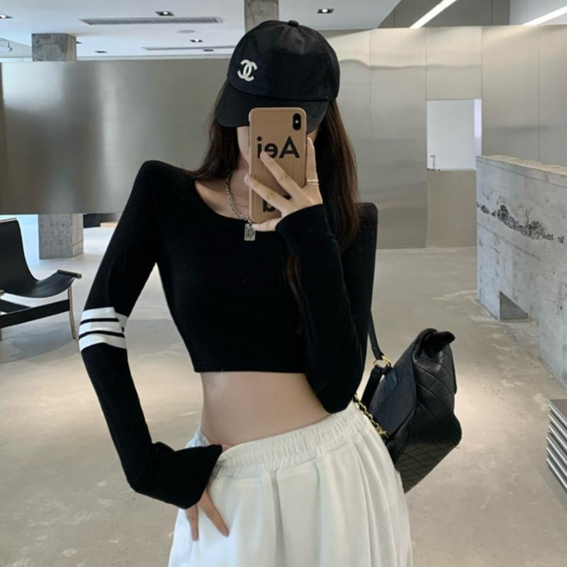 長袖t恤女春季甜酷風小眾性感露臍高腰打底衫短款上衣